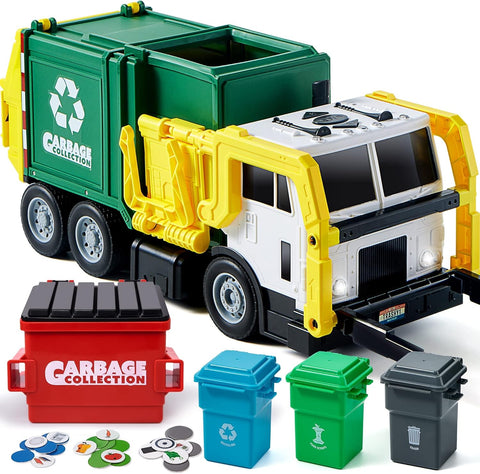 JOYIN Large Friction Powered Garbage Truck Toy Set, Includes 1 Dumpster, 3 Trash Bins, and 30 Learning Cards for Kids, Boy Toys Birthday Gift, Green