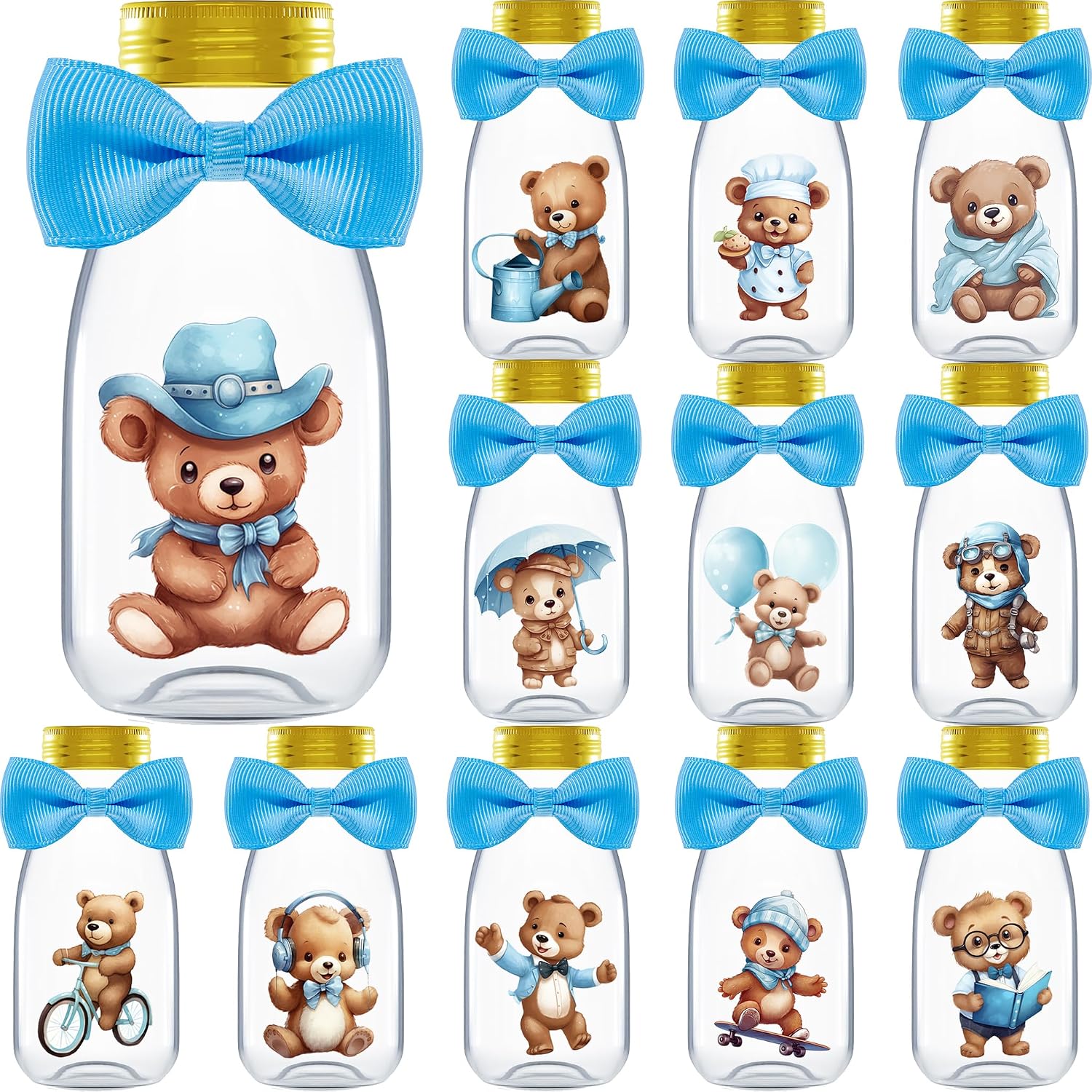 Ethisa Small 12 Pack We Can Bearly Wait Party Favors for Boy - Candy Jars with Bowties and Stickers - DIY Party Decoration Bottles for Baby Shower and Gender Reveal - Blue Teddy Bear Table Centerpiece