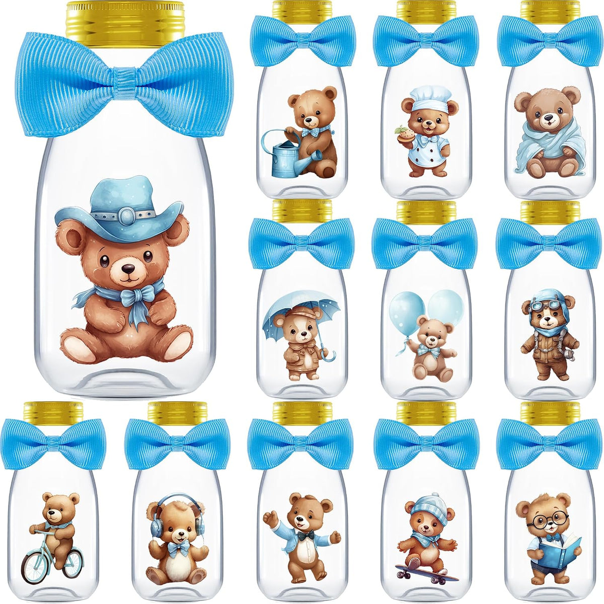 Ethisa Small 12 Pack We Can Bearly Wait Party Favors for Boy - Candy Jars with Bowties and Stickers - DIY Party Decoration Bottles for Baby Shower and Gender Reveal - Blue Teddy Bear Table Centerpiece