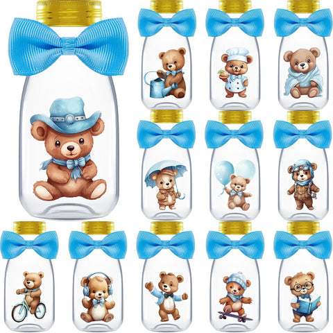 Ethisa Small 12 Pack We Can Bearly Wait Party Favors for Boy - Candy Jars with Bowties and Stickers - DIY Party Decoration Bottles for Baby Shower and Gender Reveal - Blue Teddy Bear Table Centerpiece