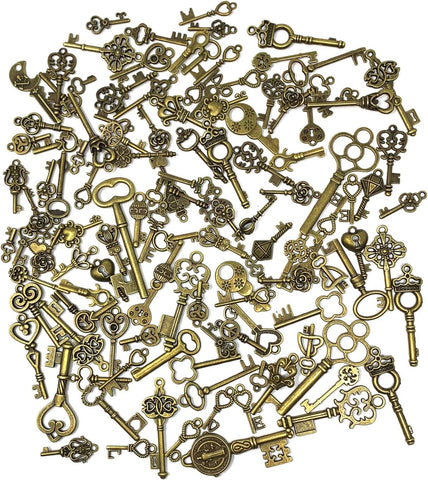 125 PCS Vintage Skeleton Key Set Charms, JIALEEY Mixed Antique Style Bronze Brass for Pendant DIY Jewelry Making Wedding Party Favors