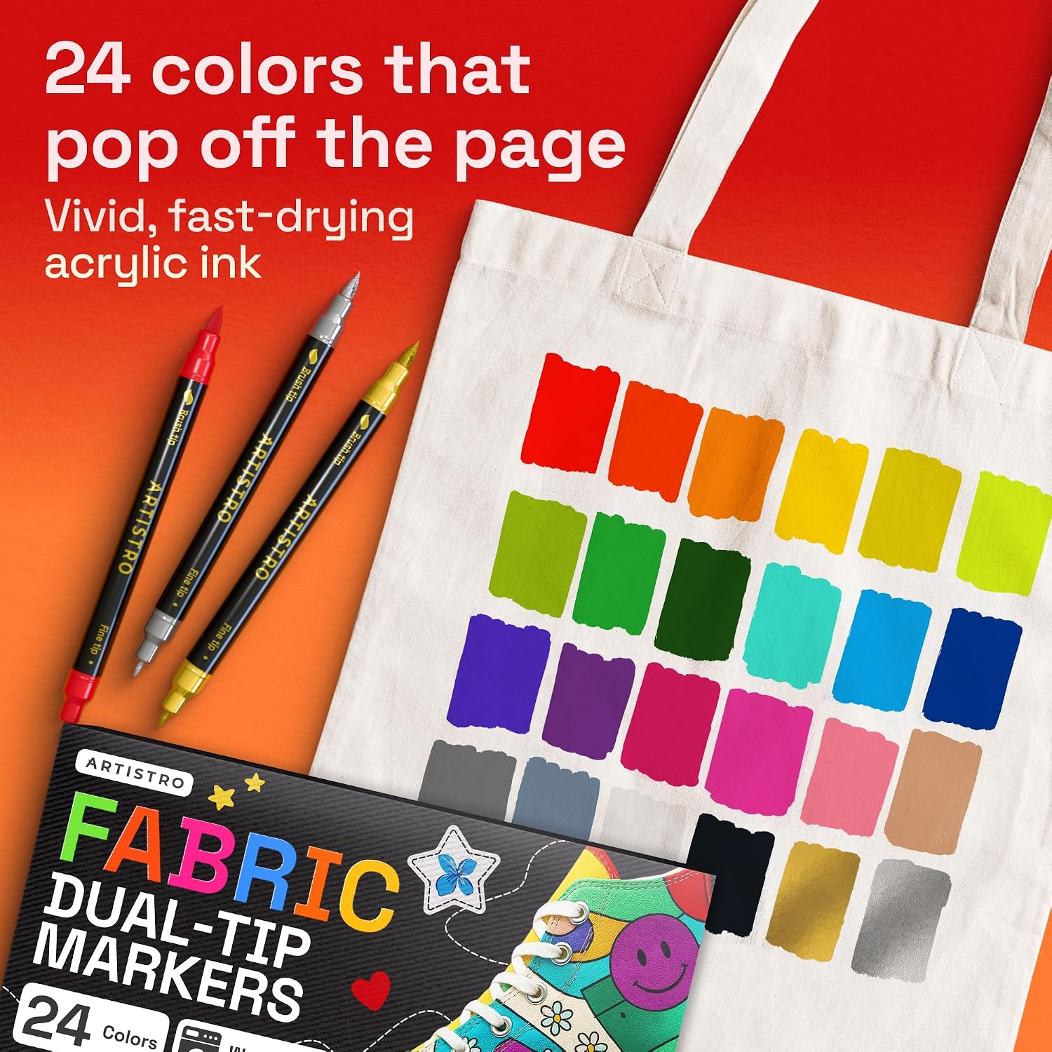 ARTISTRO 24 Dual-Tip Fabric Markers Decorating Kit, Permanent for Clothes