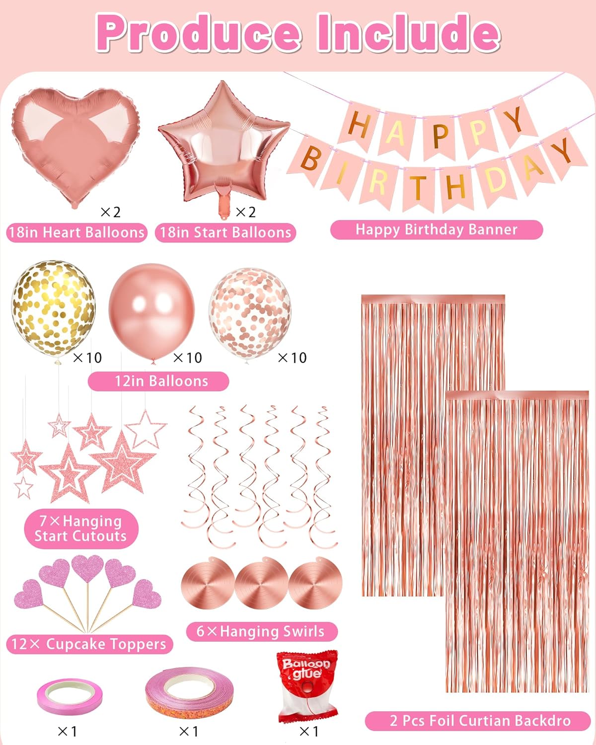 Rose Gold Happy Birthday Party Decorations with Banner Balloons for Women