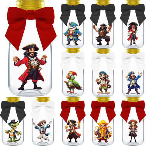 Ethisa Small 12 Pack Pirate Party Favors - DIY Candy Jars with Ribbons and Stickers - Party Decoration Bottles for Birthday, School Classroom, and Halloween - Pirate Table Centerpieces for Kids