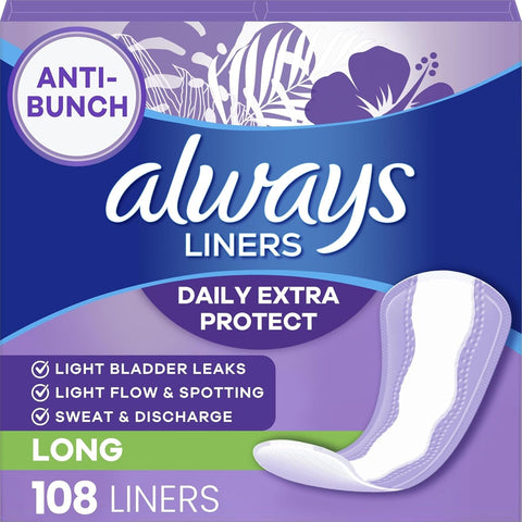 Always Panty Liners for Women Anti-Bunch Xtra Protection Daily Liners, Long, Unscented, 108 Count