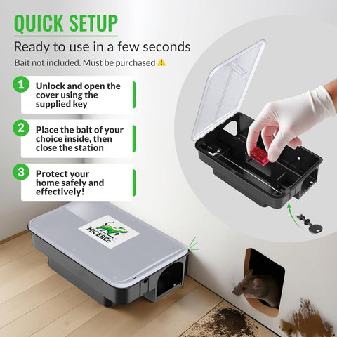 Rat Bait Stations 4 Pack, Clear Lid, Lockable Rodent Traps, Outdoor
