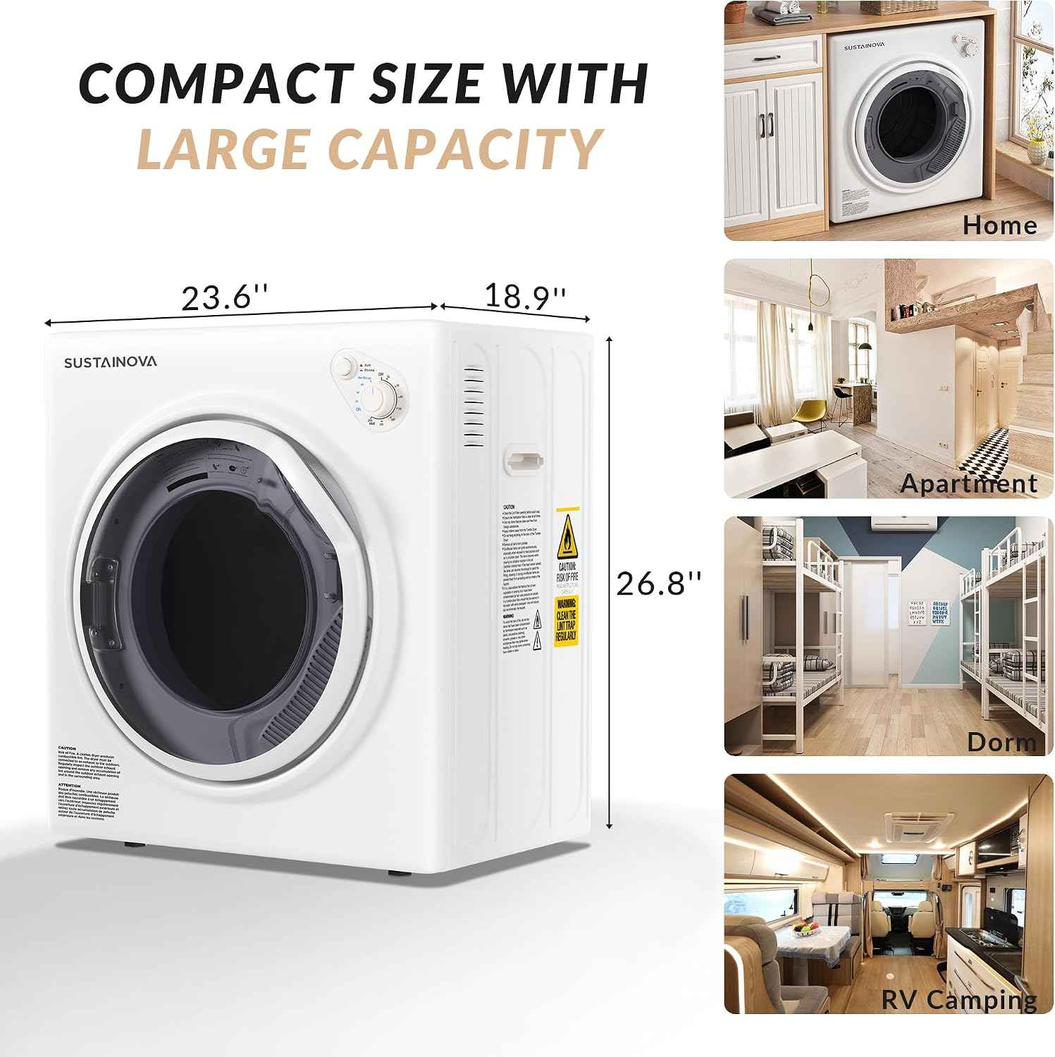 Elevon Portable Clothes Dryer 1350W, Compact Dryer for laundry with 5 Drying Modes, 2.6 Cu.ft Front Load Dryer Machine, Stainless Steel Tub for Small Space, RVs, Overheat Protection, Black & White