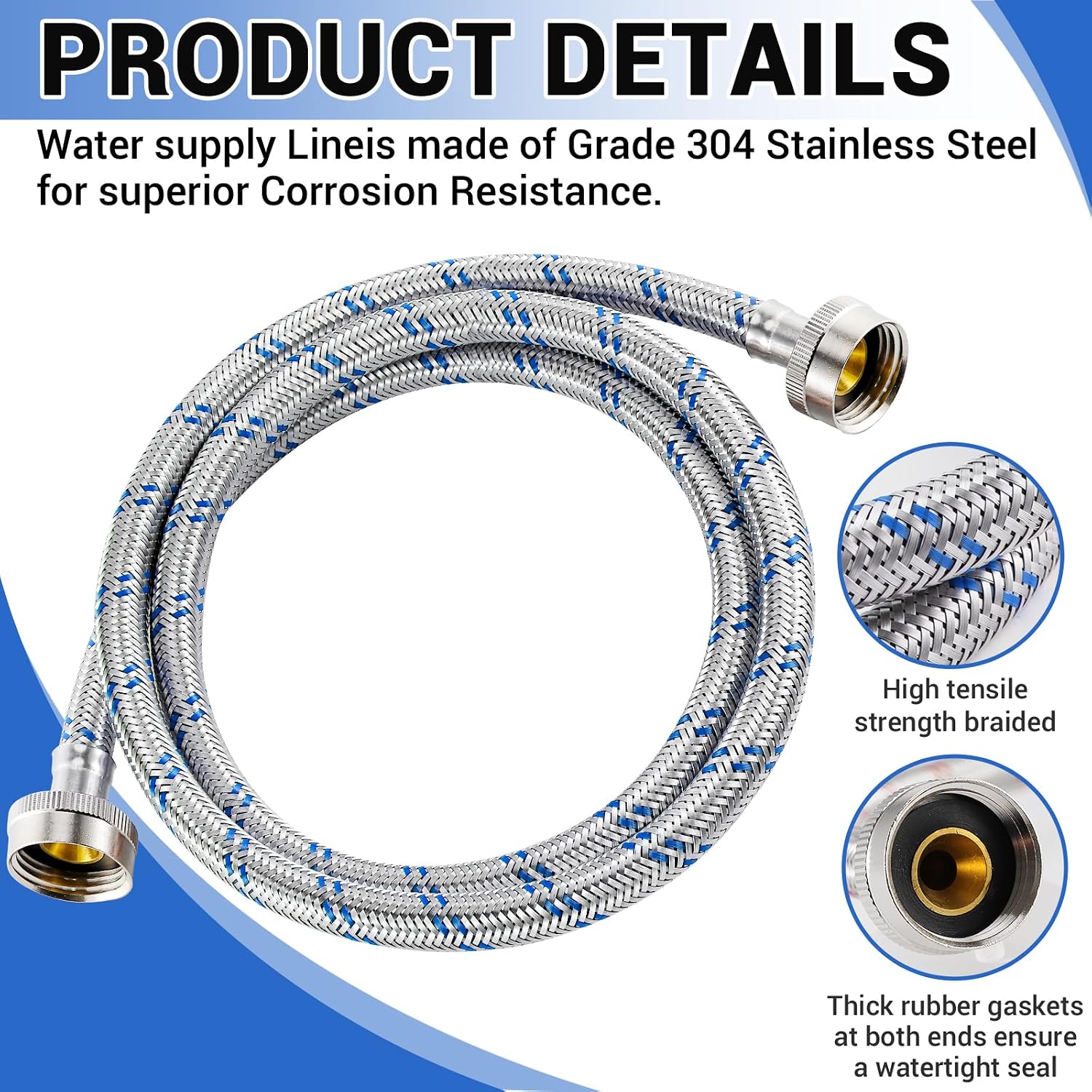 4 Ft Washing Machine Hoses, 2 Packs Premium Stainless Steel Washer Hoses Burst Proof, Hot and Cold Striped Water Supply Hoses with 3/4'' Standard Interface fit for ALL Washer