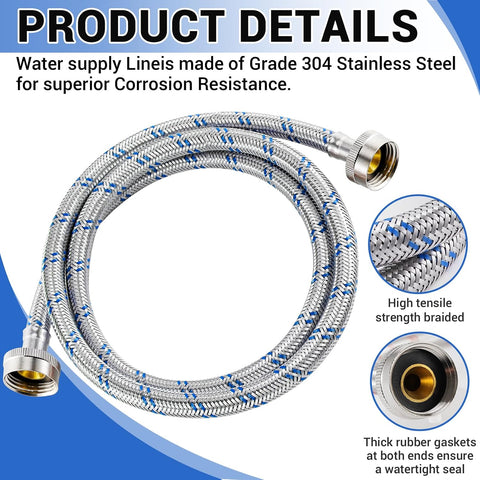 4 Ft Washing Machine Hoses, 2 Packs Premium Stainless Steel Washer Hoses Burst Proof, Hot and Cold Striped Water Supply Hoses with 3/4'' Standard Interface fit for ALL Washer