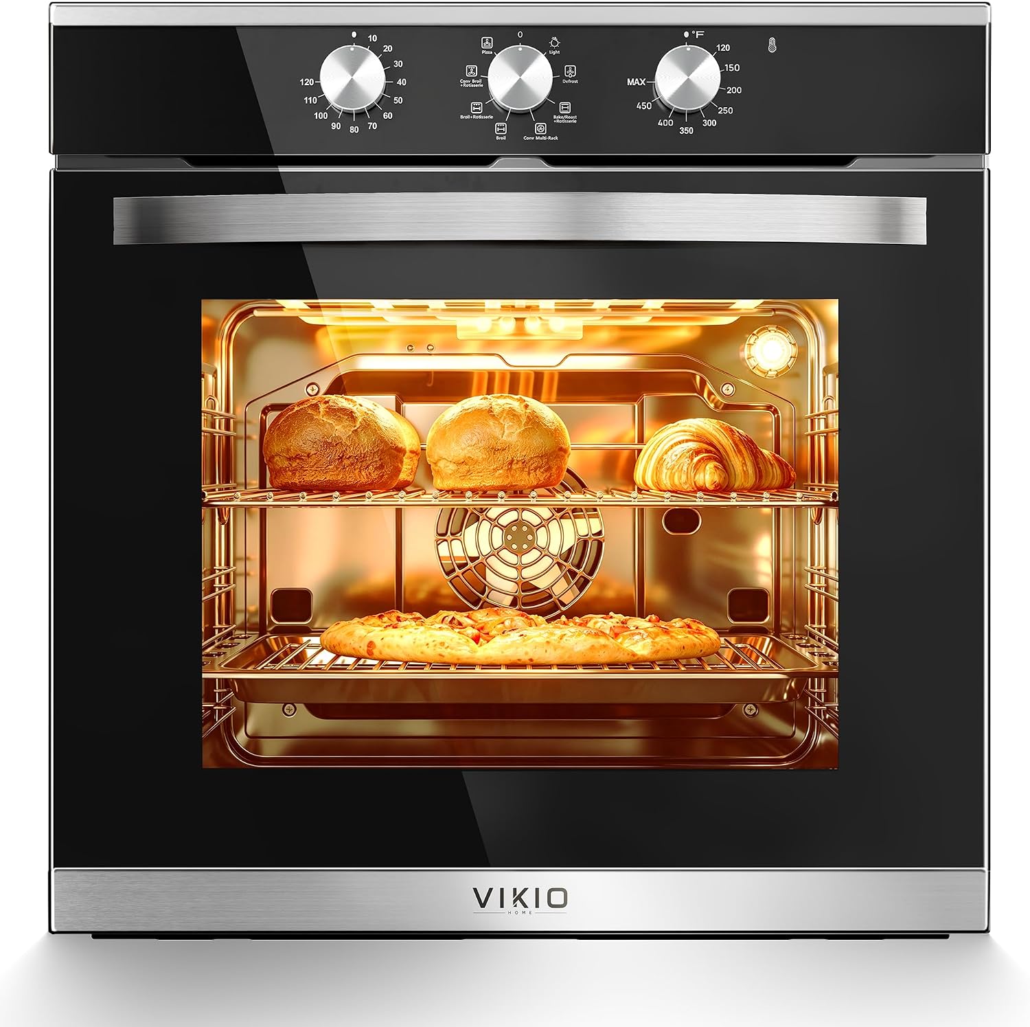 VIKIO HOME Single Wall Oven 24", 2.83 Cu.Ft-80L with 8 Functions Built-in Electric Ovens, 240V, 3220W Fast Preheat, Mechanical Knob Control for Easy Cooking