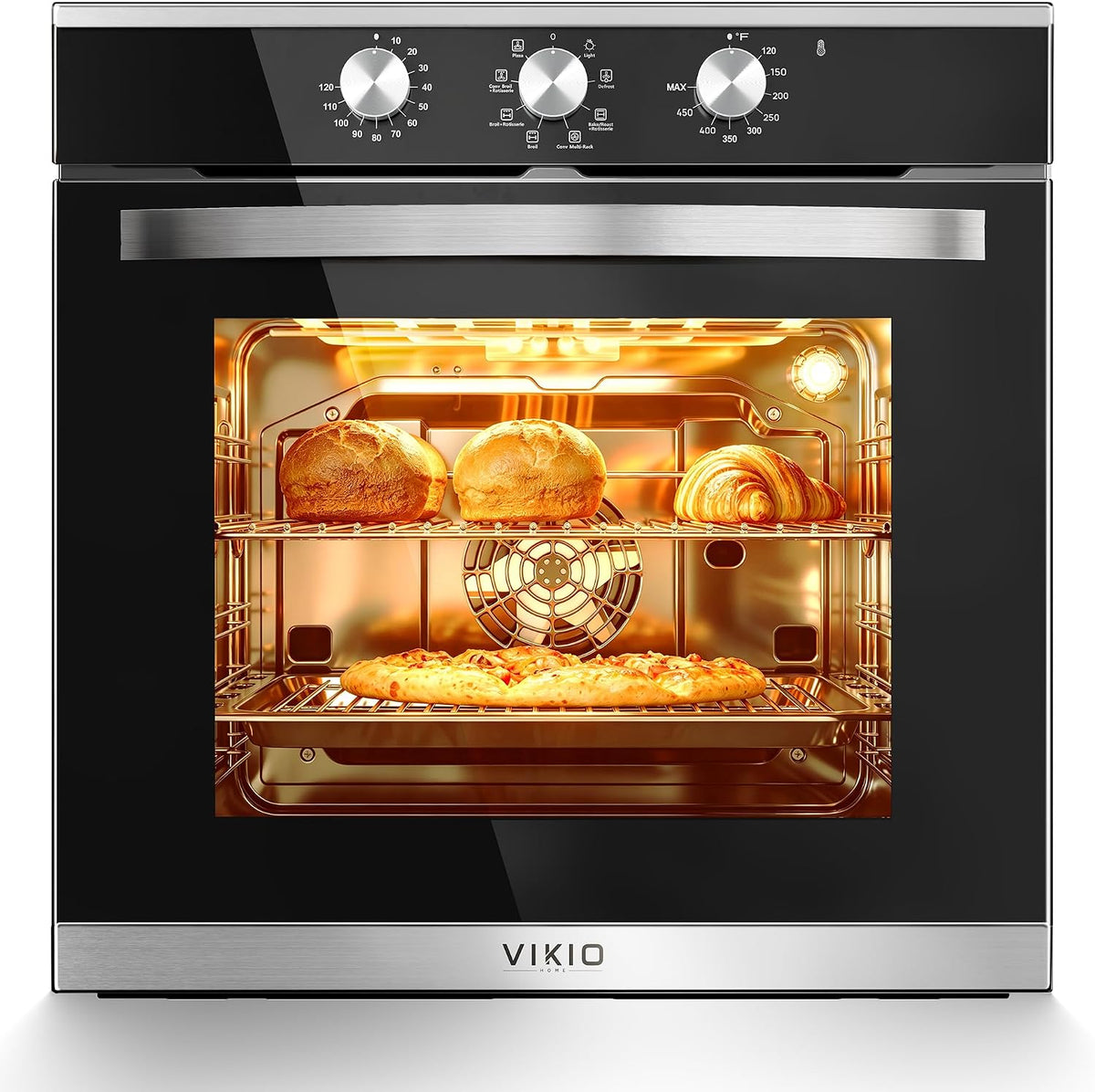 VIKIO HOME Single Wall Oven 24", 2.83 Cu.Ft-80L with 8 Functions Built-in Electric Ovens, 240V, 3220W Fast Preheat, Mechanical Knob Control for Easy Cooking