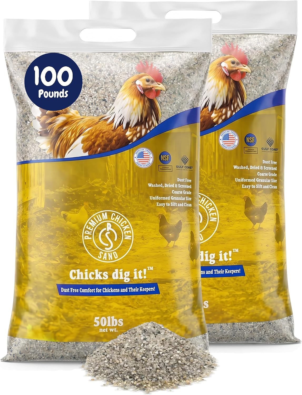 Premium Chicken Sand 50 lbs (2-Pack) – Dust-Free, Odor-Control Bedding for Chicken Coops, Nesting Boxes, and Runs – Natural Poultry Litter, 100 lbs Total