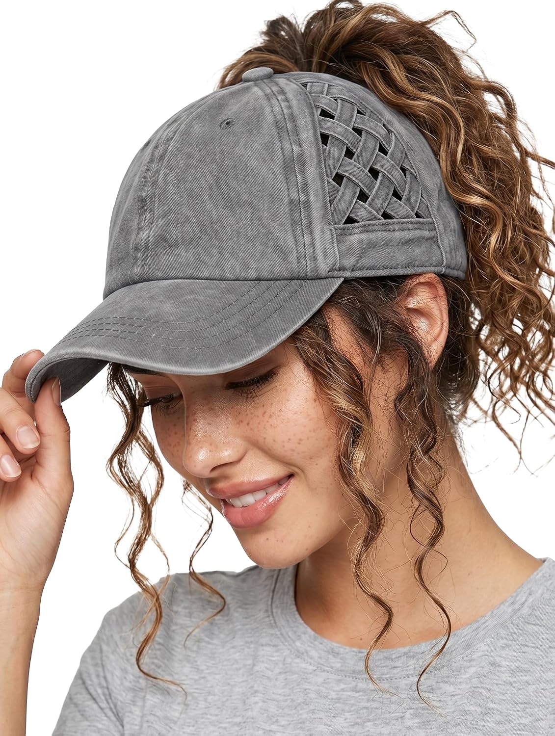 Funky Junque Criss Cross Ponytail Cap, Messy Bun Distressed Baseball Hat