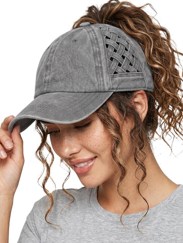 Funky Junque Criss Cross Ponytail Cap, Messy Bun Distressed Baseball Hat