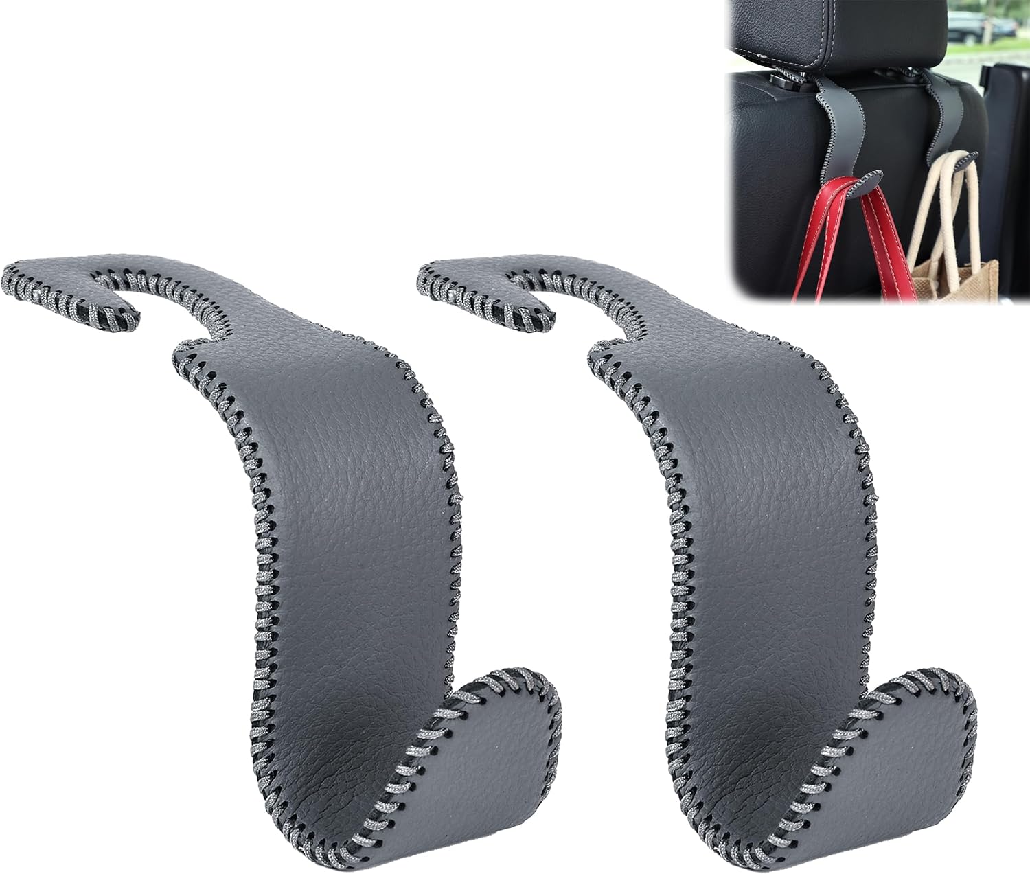 Car Seat Headrest Hook 55lb Heavy Duty Metal Hanger with Leather for Bags