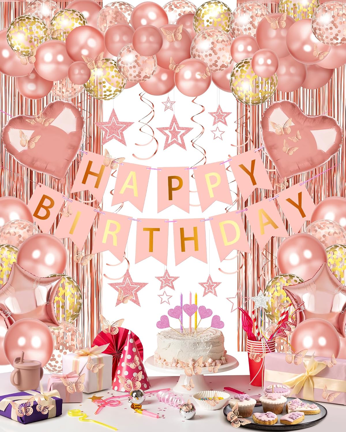 Rose Gold Happy Birthday Party Decorations with Banner Balloons for Women