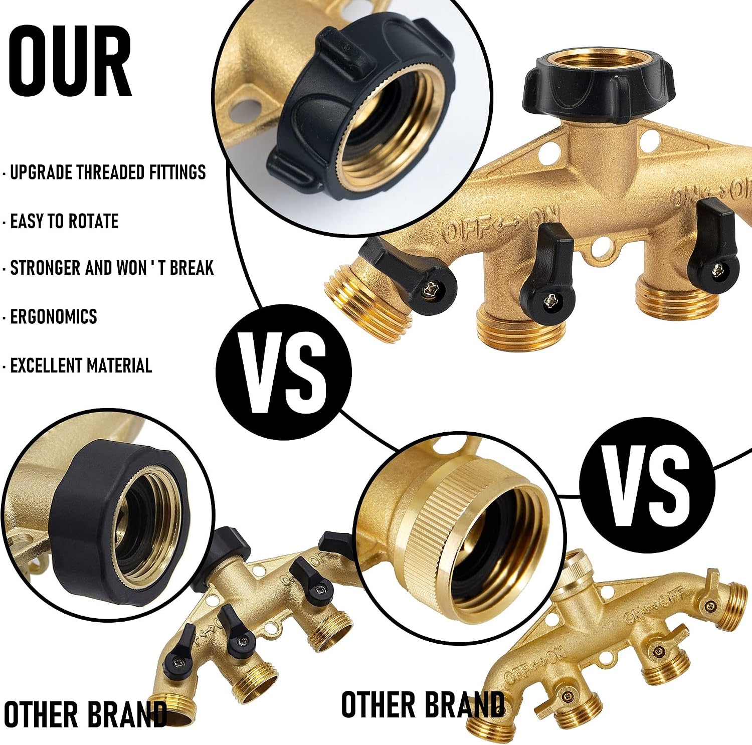 Hourleey Brass 4 Way Heavy Duty Garden Hose Splitter, Water Hose Splitter for 3/4" Hose Connector, Hose Faucet Splitter Hose Spigot Adapter 4 Valves with 4 Rubber Washers & Tape