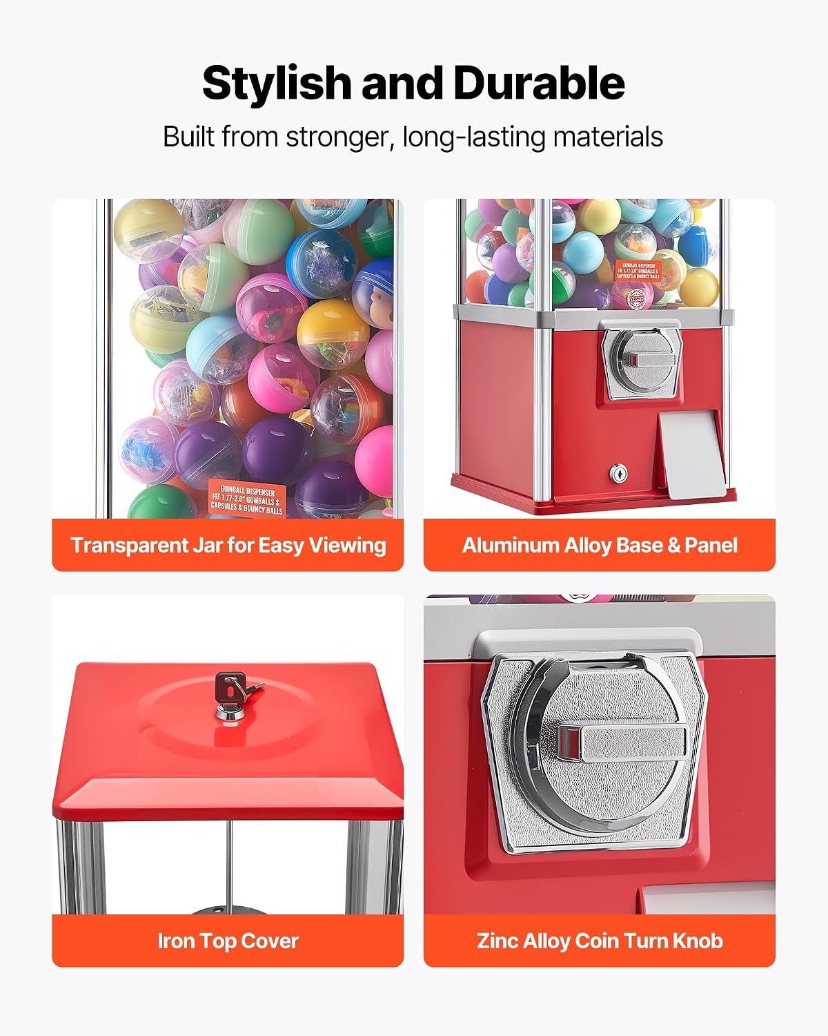 VEVOR Gumball Machine, 21 inch Candy Vending Machine Dispenser, 25-Cent Vending Machines for Shopping Malls, Supermarkets, Amusement Parks, Arcades, Holds Up to 180 1.77 inch Spherical Candies