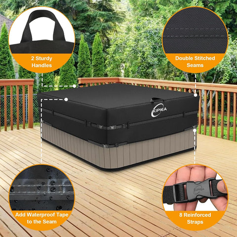 Kipiea 600D Outdoor Waterproof Square Hot Tub Cover Protector, Heavy Duty Polyester SPA Covers UV Protection Cover 88" L x 88" W x 20" H, Black