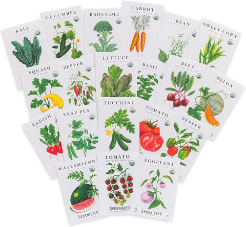 Sereniseed Organic Vegetable Seeds (40-Pack) – Non GMO, Open Pollinated - Basil, Snap Pea, Broccoli, Bean, Jalapeno, Tomato, Lettuce, Cucumber, Carrot, Zucchini Seeds for Planting