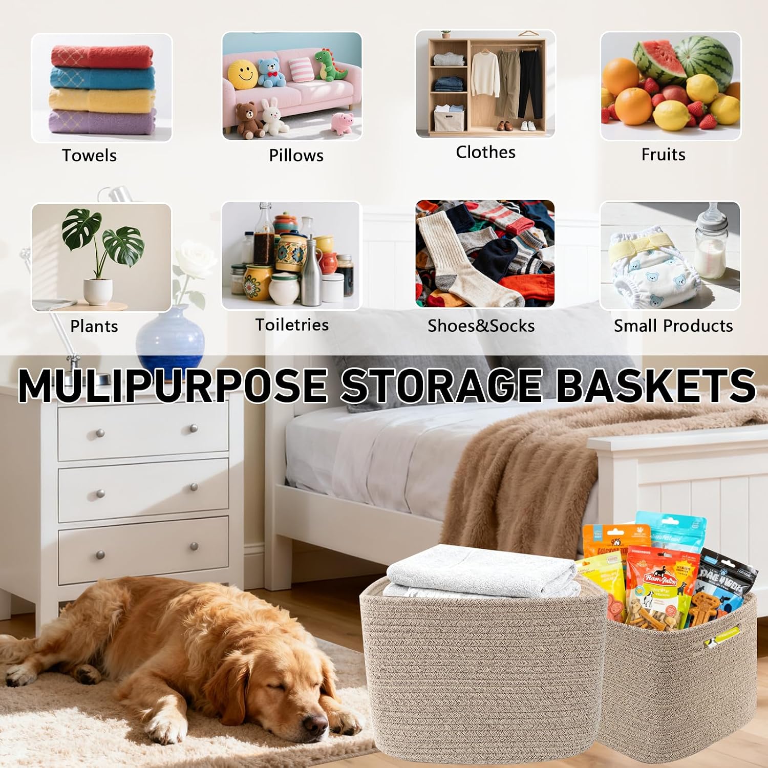 3 Pack Woven Baskets,Storage Baskets for Shelves with Handles