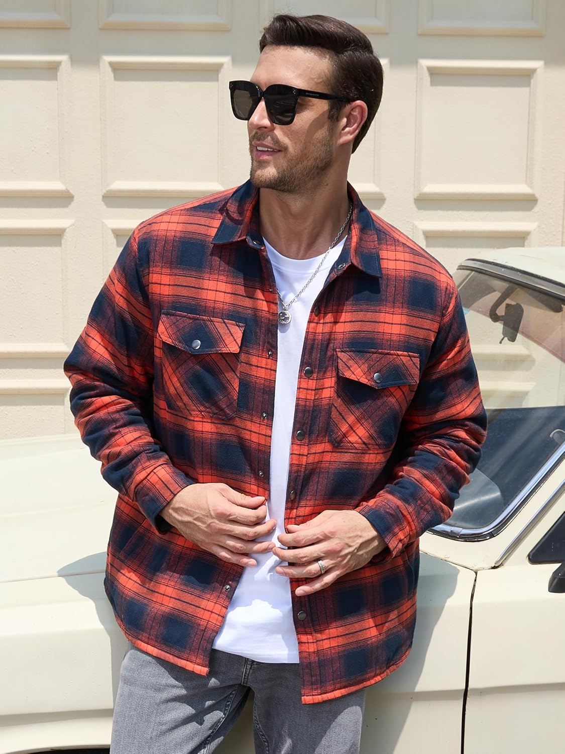 TACVASEN Men's Flannel Shirt Quilted Lined Theraml Winter Coat Button Down Insulated Flannel Shirts Jacket