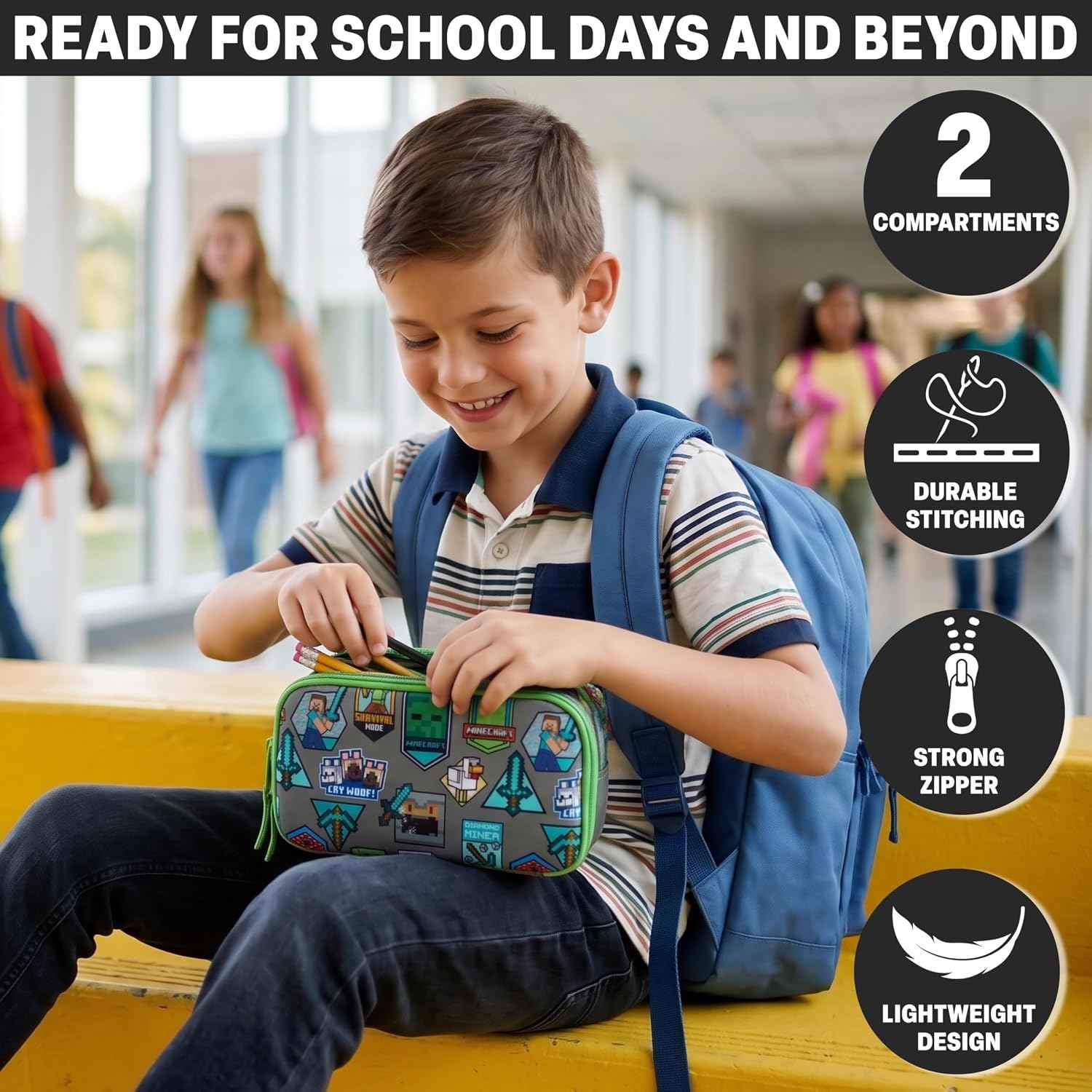 Get Trend Minecraft Pencil Case for Boys, Pencil Pouch with 2 Zipped Compartments, Back-to-School Marker & Pen Case, Organizer for School Supplies, Stationery, Gamer Gifts (Green/Multi Minecraft)