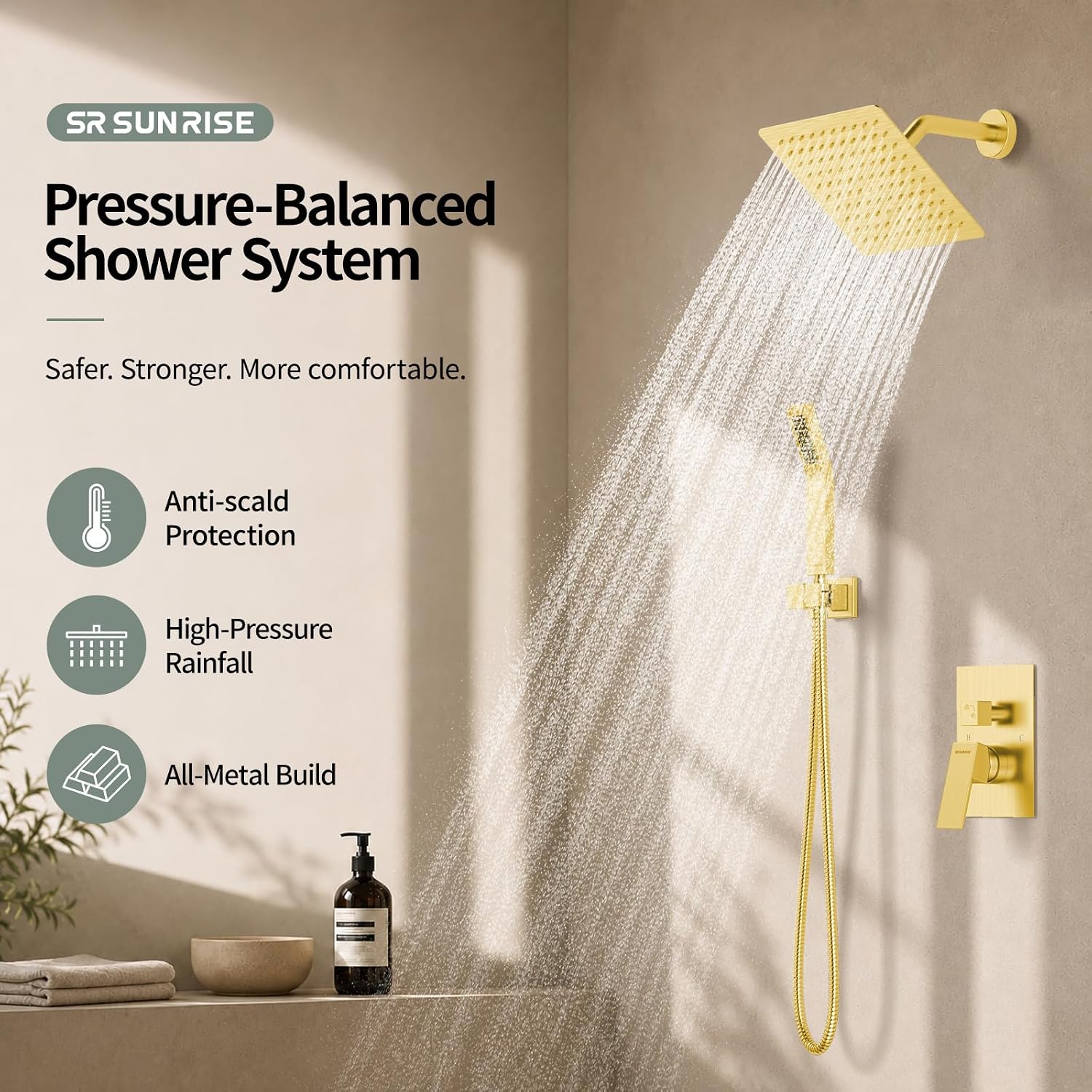 SR SUN RISE Shower Faucet Set 8-Inch Rainfall Shower Head Brushed Gold