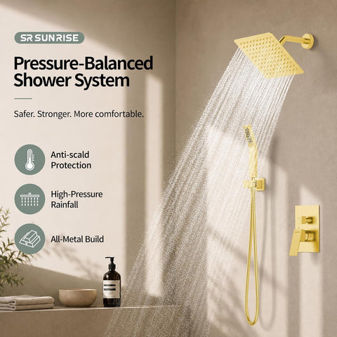 SR SUN RISE Shower Faucet Set 8-Inch Rainfall Shower Head Brushed Gold