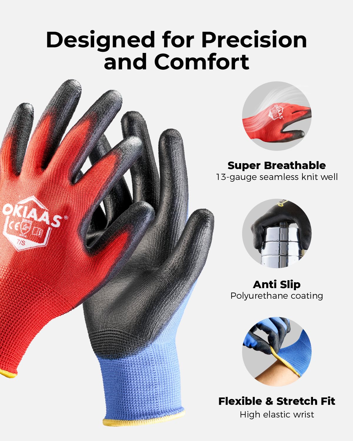 OKIAAS PU Coated Work Gloves Men, Ultra Grip & Lightweight, 12 Pairs Bulk