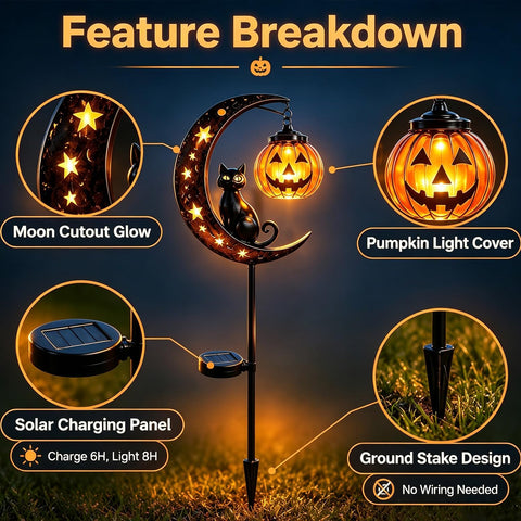 Solar Halloween Black Cat & Pumpkin Moon Garden Stake Light, Outdoor Waterproof LED Yard Decoration with Crescent Moon (Single Light A)