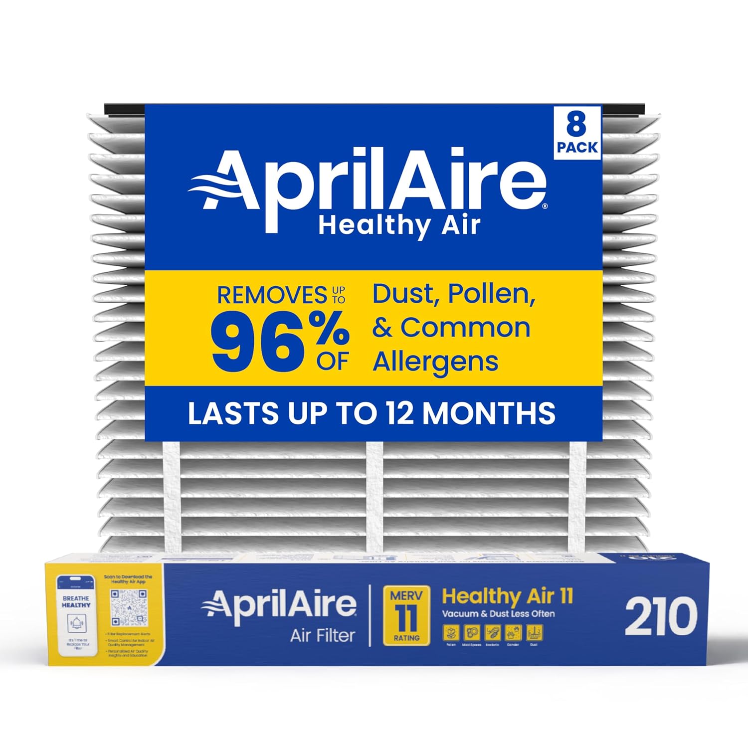 Genuine AprilAire 210 Replacement Filter for AprilAire Whole-House Air Purifiers - MERV 11, Clean Air & Dust, 20x25x4 Air Filter (Pack of 8)