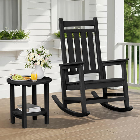 SERWALL Round Outdoor Side Table, HDPE Small Adirondack End Table, Black