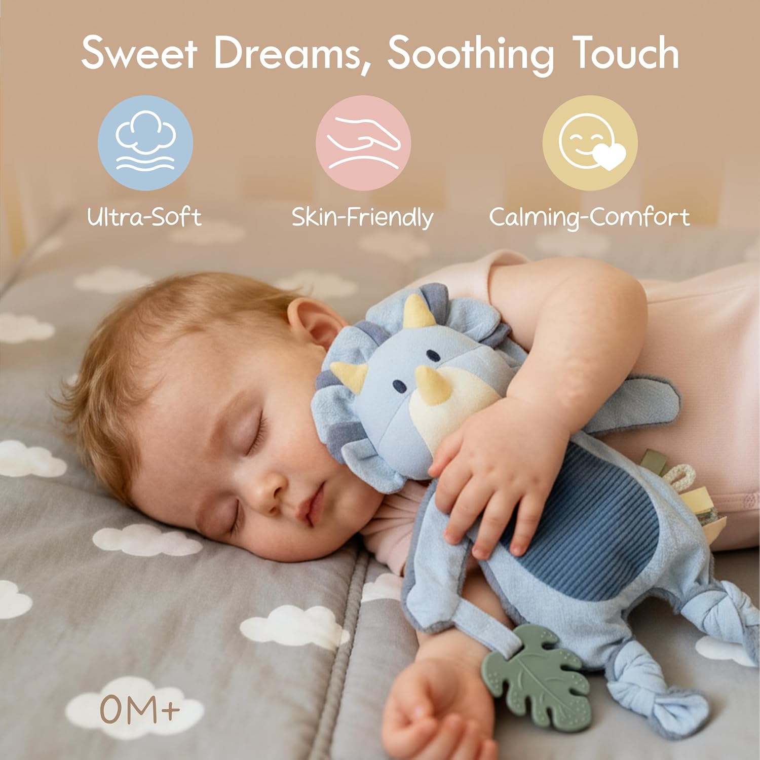 Moonkie Baby Lovey with Silicone Teether, Dinosaur Security Blanket with Textured Ribbons, Crinkle Toys, Soft Minky Velour & Natural Cotton, Newborn Boys Gifts for Baby Shower & Birthday