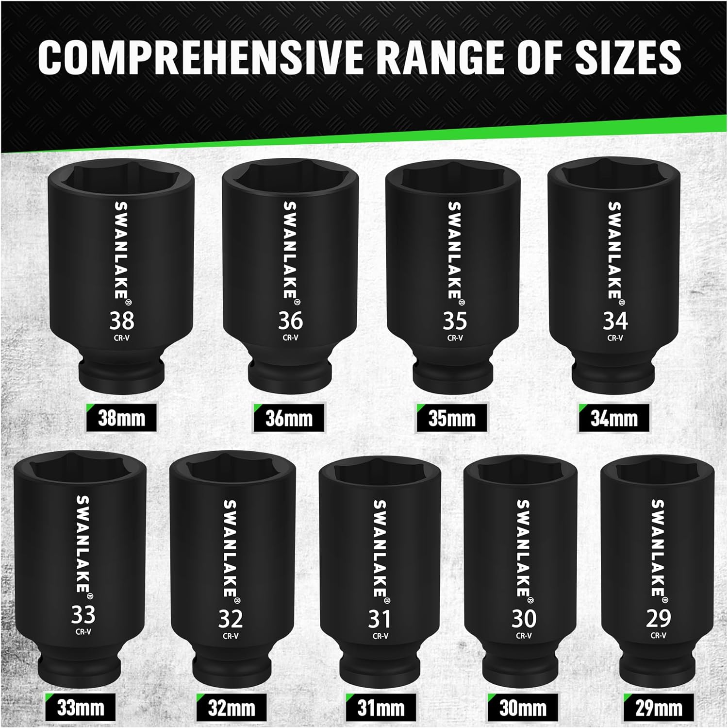 SWANLAKE 9-Piece 1/2" Impact Axle Nut Socket Set, Deep Metric Large Socket Set, 29mm 30mm 31mm 32mm 33mm 34mm 35mm 36mm 38mm, Cr-V Spindle Joint High Torque Wheel Nut Sockets