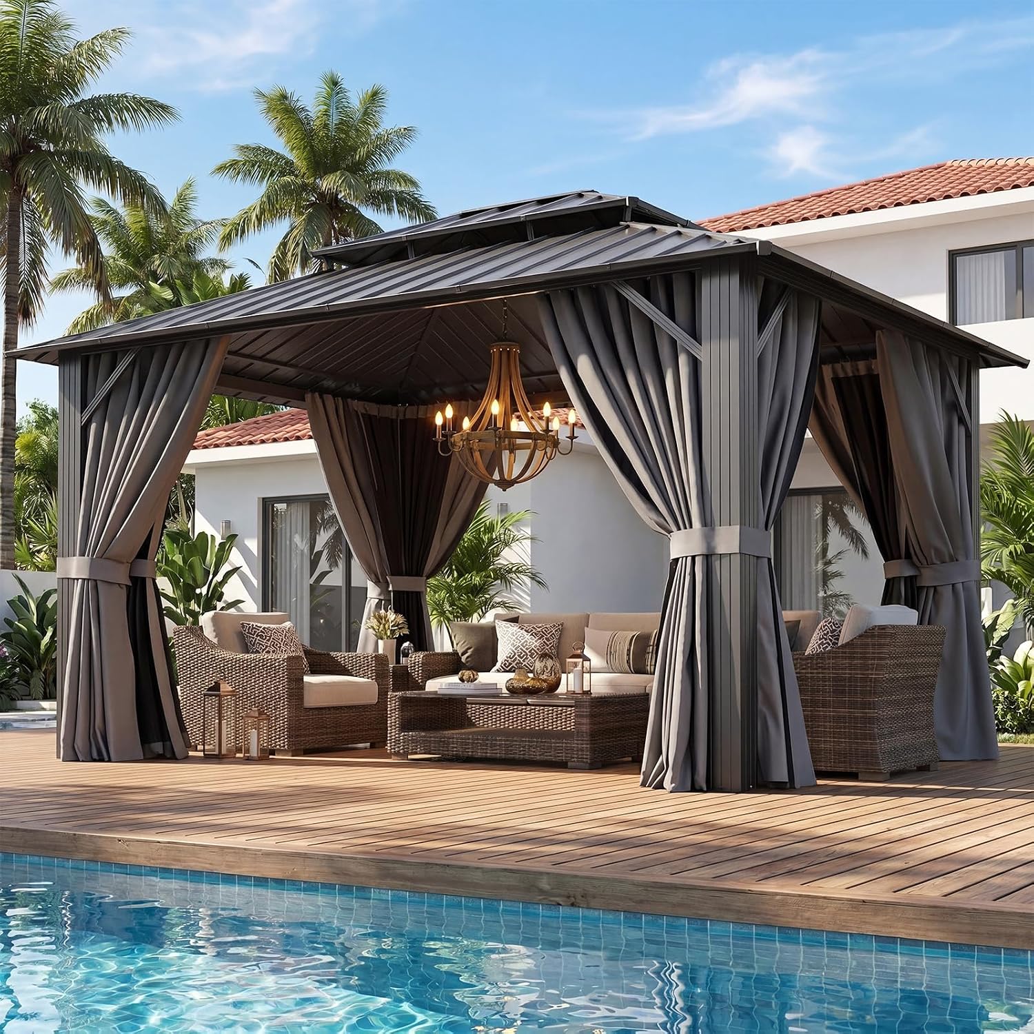 Aoxun Gazebo 10x12 Hardtop Gazebo with Double Galvanized Steel Roof, Gray