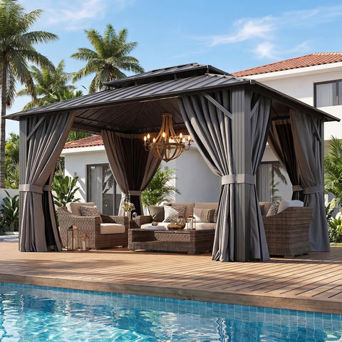 Aoxun Gazebo 10x12 Hardtop Gazebo with Double Galvanized Steel Roof, Gray