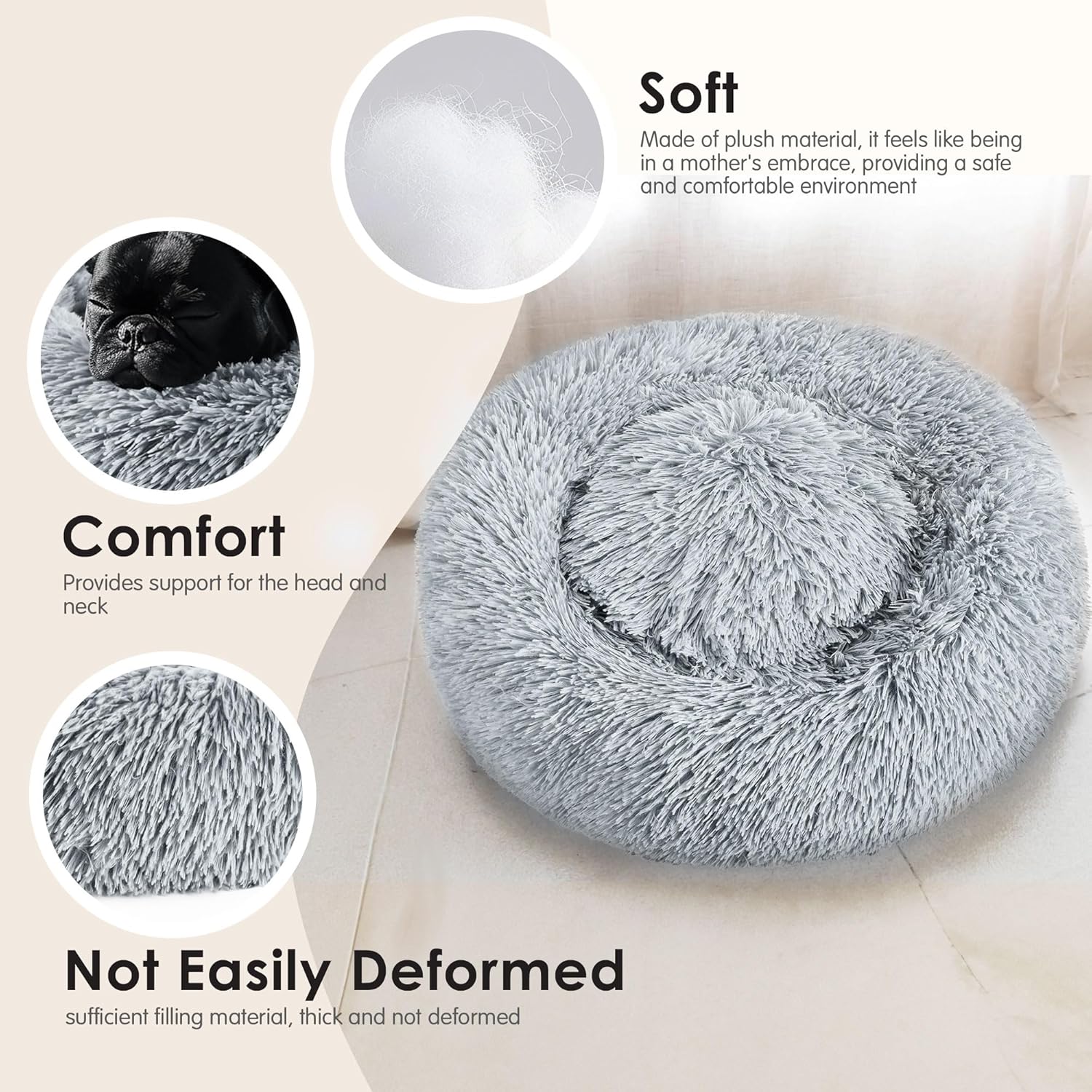 Dogs Bed for Small Dogs, Anti-Anxiety Washable Round Bed (24in Light Grey)