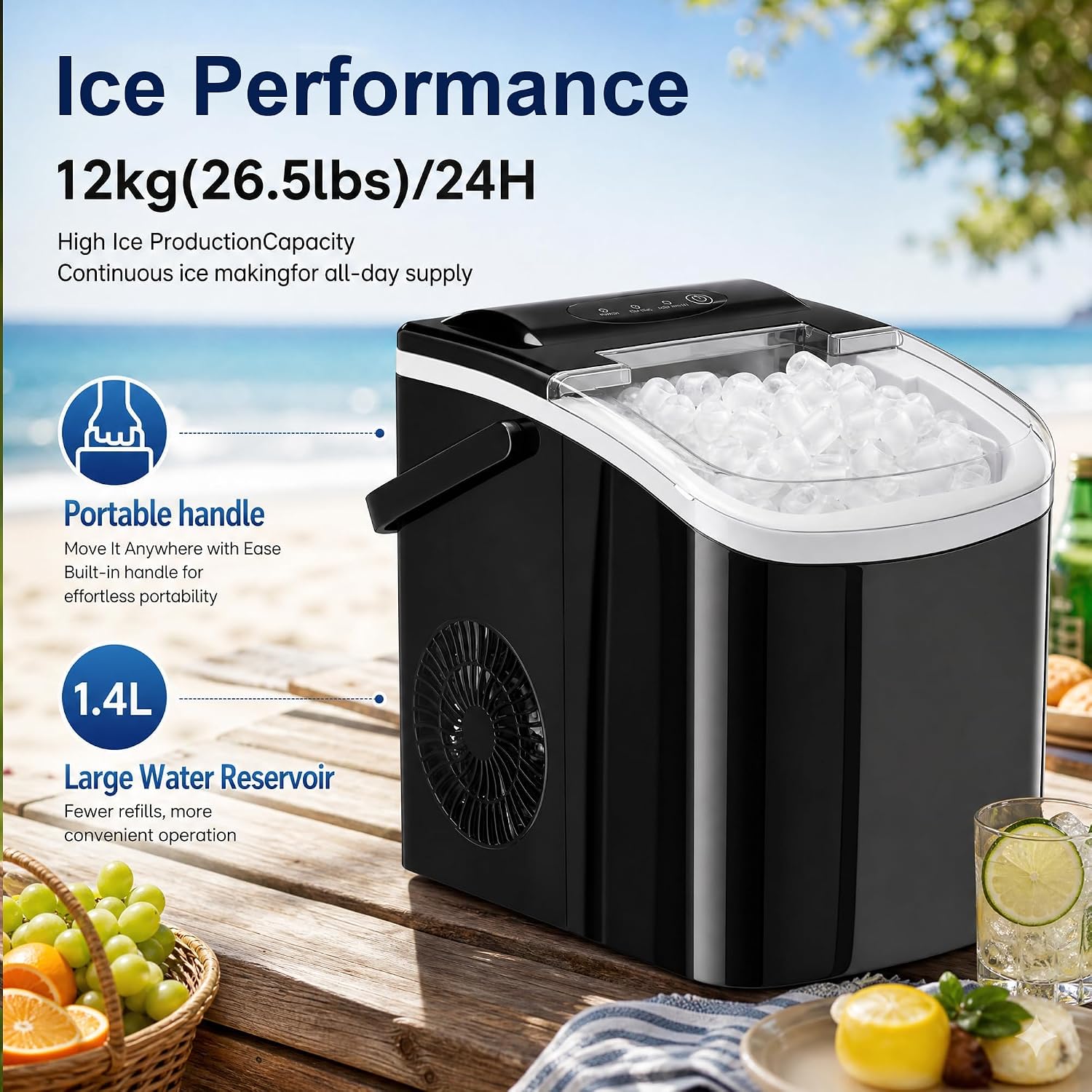 Portable Ice Maker with Handle, 26.5 lbs/Day Countertop Bullet Ice Maker, 9 Cubes Ready in 6 Mins, 42 dB Quiet, Self-Cleaning with Viewing Window, Basket & Scoop