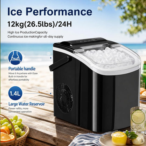Portable Ice Maker with Handle, 26.5 lbs/Day Countertop Bullet Ice Maker, 9 Cubes Ready in 6 Mins, 42 dB Quiet, Self-Cleaning with Viewing Window, Basket & Scoop