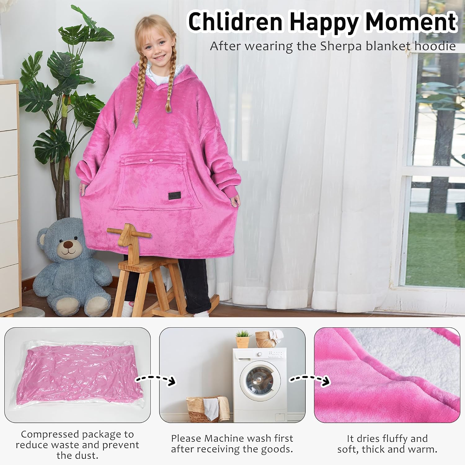 Solaris Oversized Wearable Blanket Hoodie for Kids, Warm Soft Kids Gift, Super Cozy Sherpa Fleece Hoodie Sweatshirt Pullover for Teens, Girls, Boys, Hot Pink