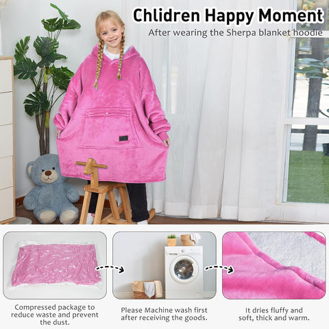 Solaris Oversized Wearable Blanket Hoodie for Kids, Warm Soft Kids Gift, Super Cozy Sherpa Fleece Hoodie Sweatshirt Pullover for Teens, Girls, Boys, Hot Pink