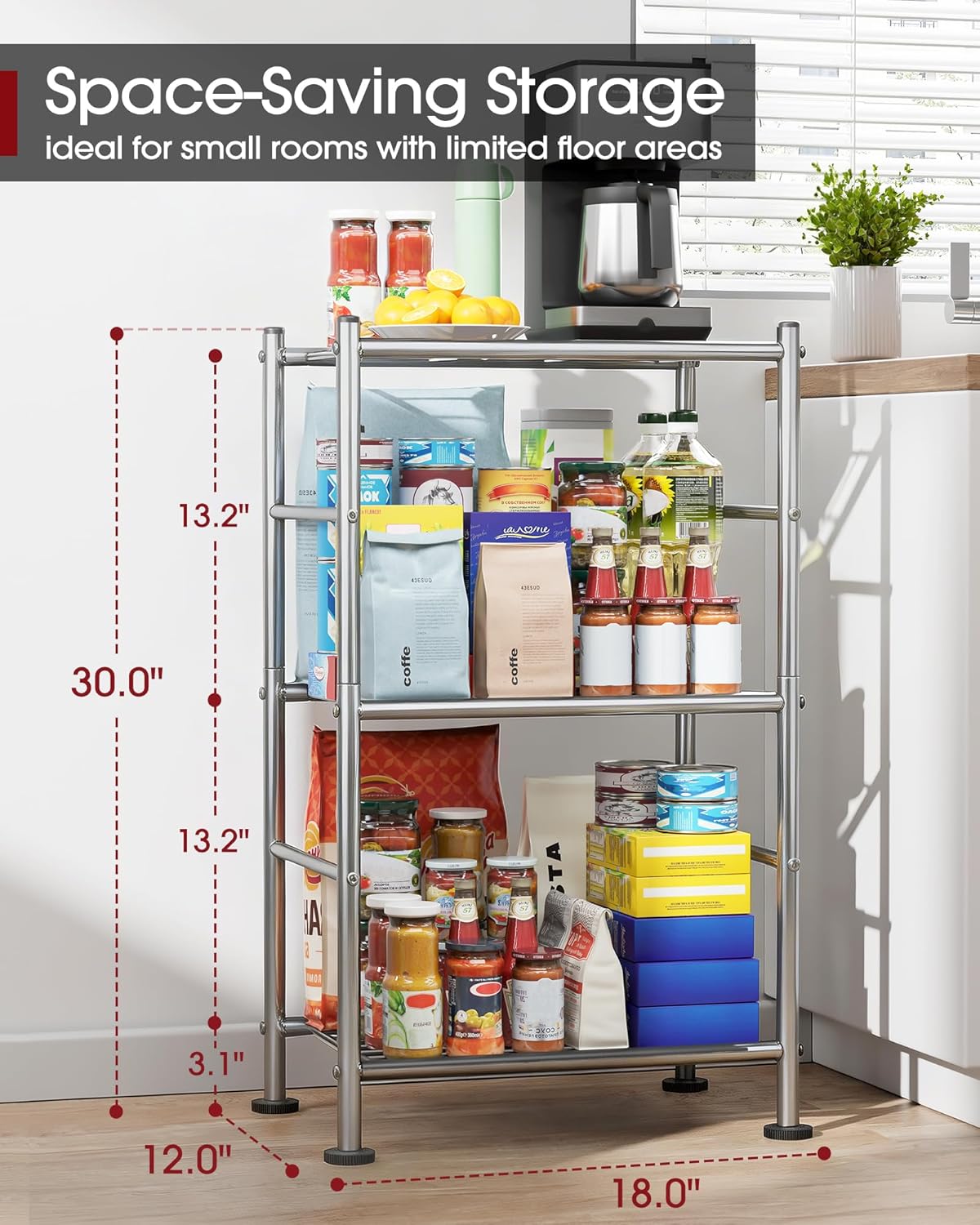 Sakugi Storage Shelves - 3 Tier Shelf Organizer, Sturdy Metal Shelving with Adjustable Leveling Feet, Space-Saving Shelves Organizer for Pantry, Laundry, Kitchen (18" x 12" x 30", Silver)