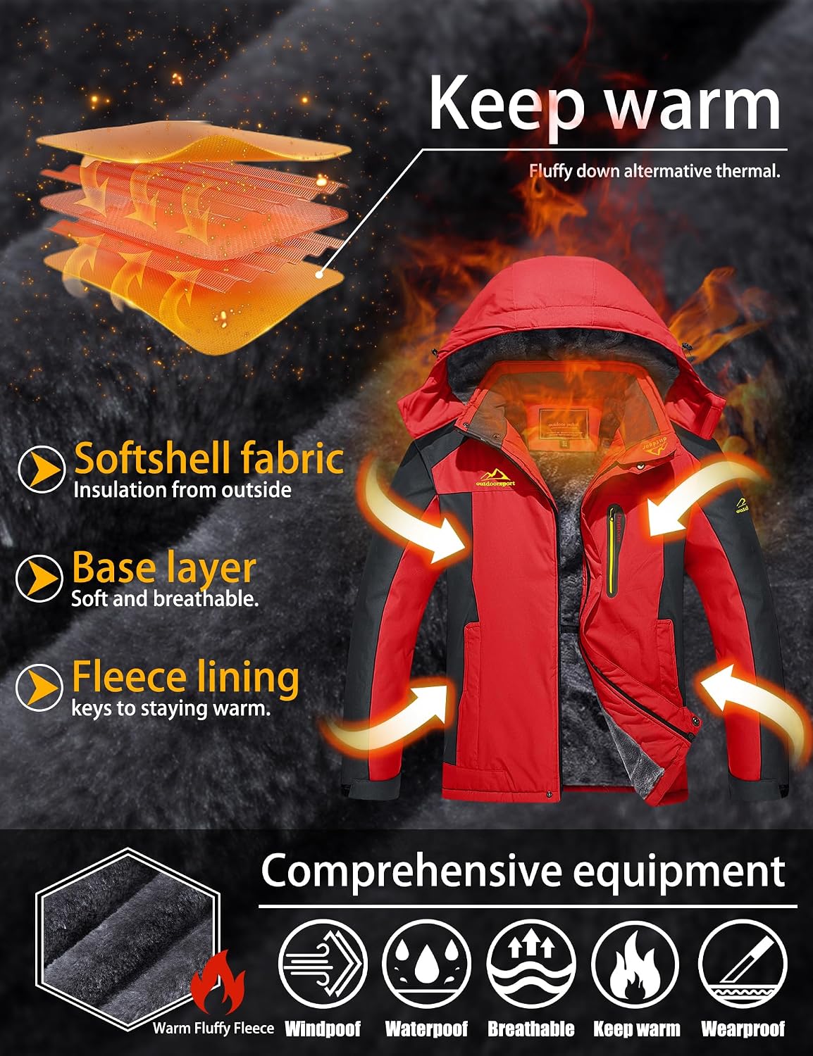 TACVASEN Men's Winter Ski Jacket Waterproof Fleece Lining Snow Hooded Coats