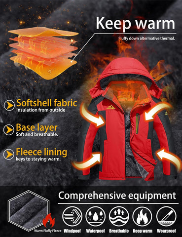 TACVASEN Men's Winter Ski Jacket Waterproof Fleece Lining Snow Hooded Coats