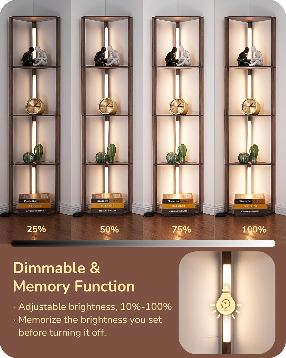 EDISHINE LED Corner Floor Lamp with Shelves, 3CCT, for Living Room, Walnut