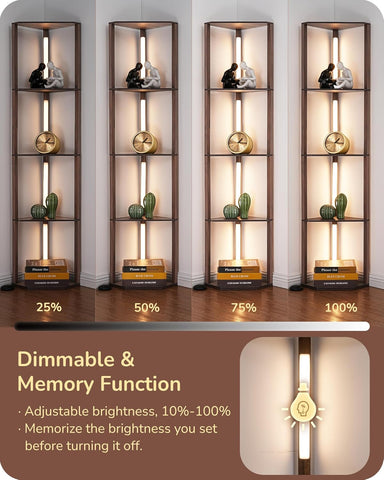 EDISHINE LED Corner Floor Lamp with Shelves, 3CCT, for Living Room, Walnut