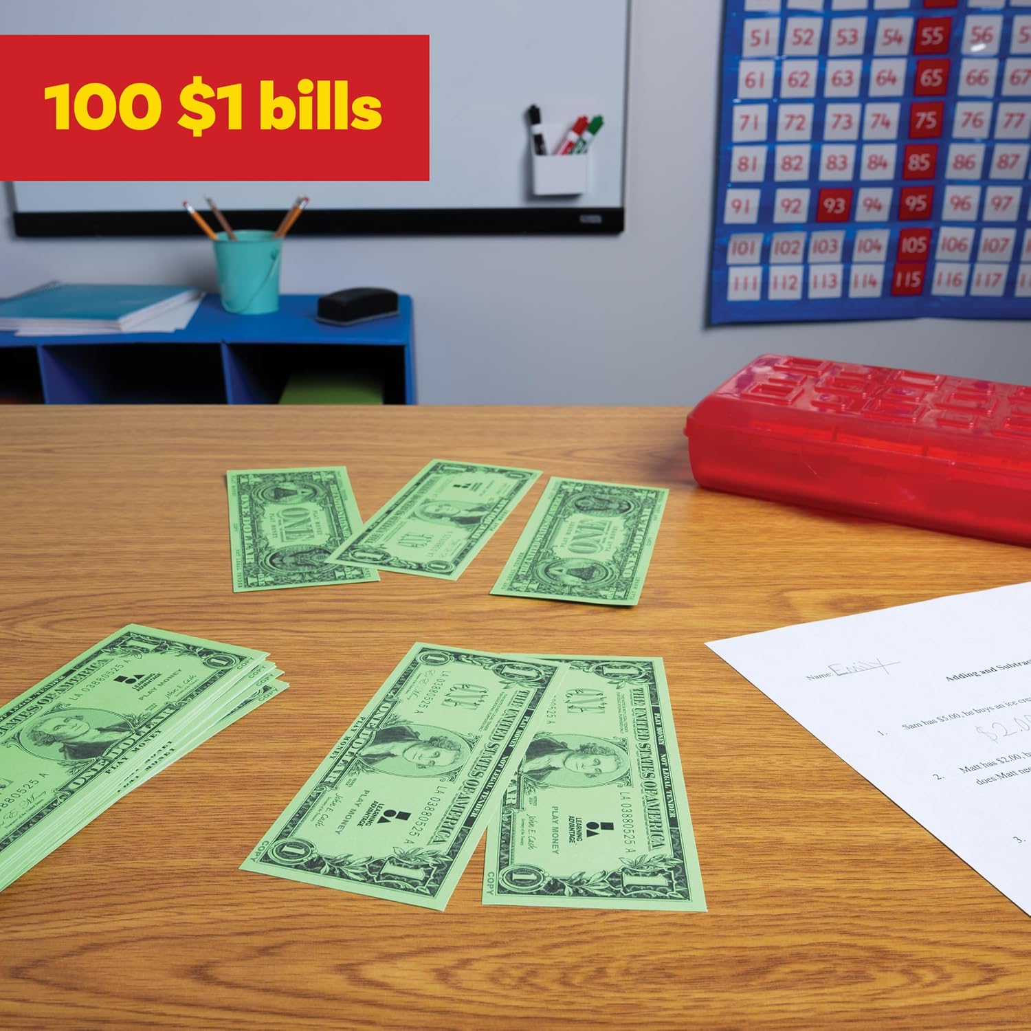 LEARNING ADVANTAGE One Dollar Play Bills, Set of 100, Sized Like Real Cash