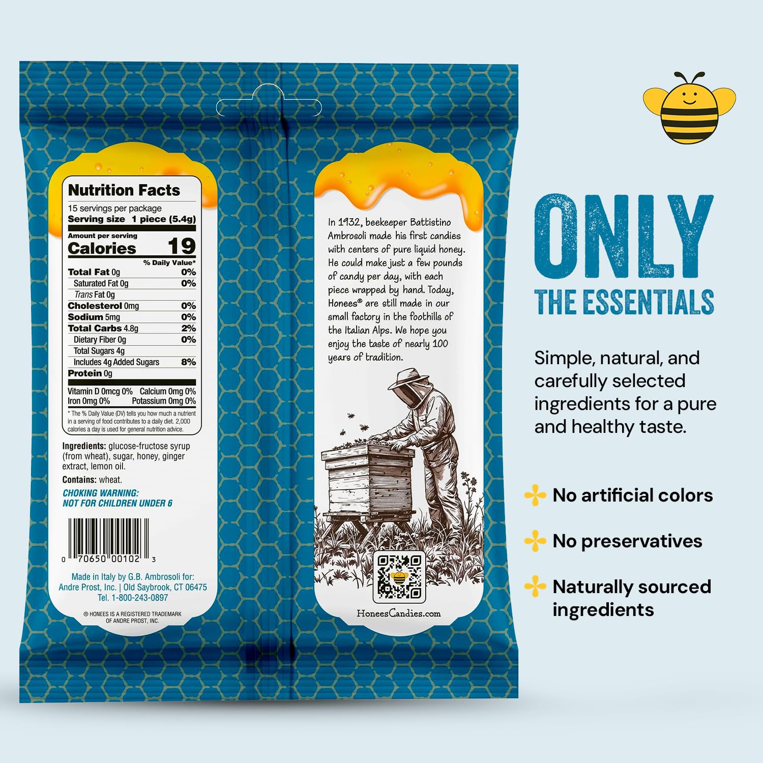 Honees Honey & Ginger Hard Candy Individually Wrapped | Natural & Healthy Candy, Italian Made with Real Honey & Indonesian Ginger, 1 Pack (2.85 oz)