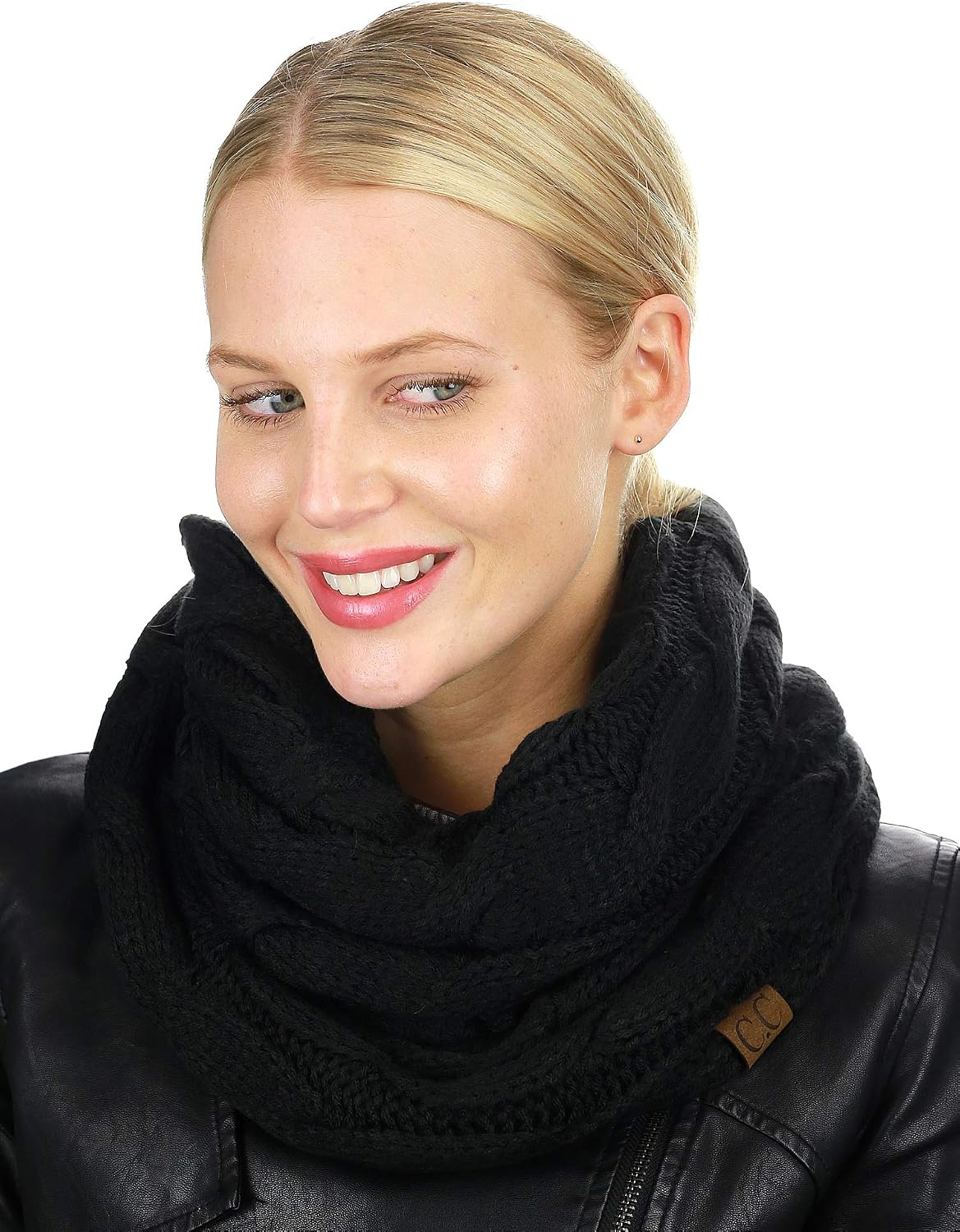 C.C Women's Winter Cable Knit Sherpa Lined Warm Infinity Pullover Scarf